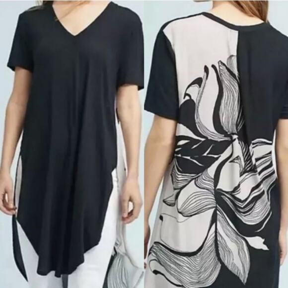 Anthropologie Tla black white floral back side slit tunic size Small - Picture 1 of 16